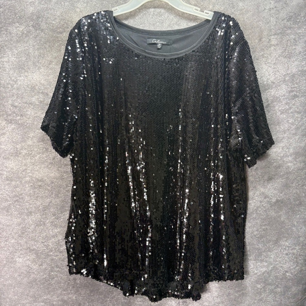 Calessa Black Sequin Short Sleeve Scoop Neck Party Blouse Top Plus Size 3X Glam